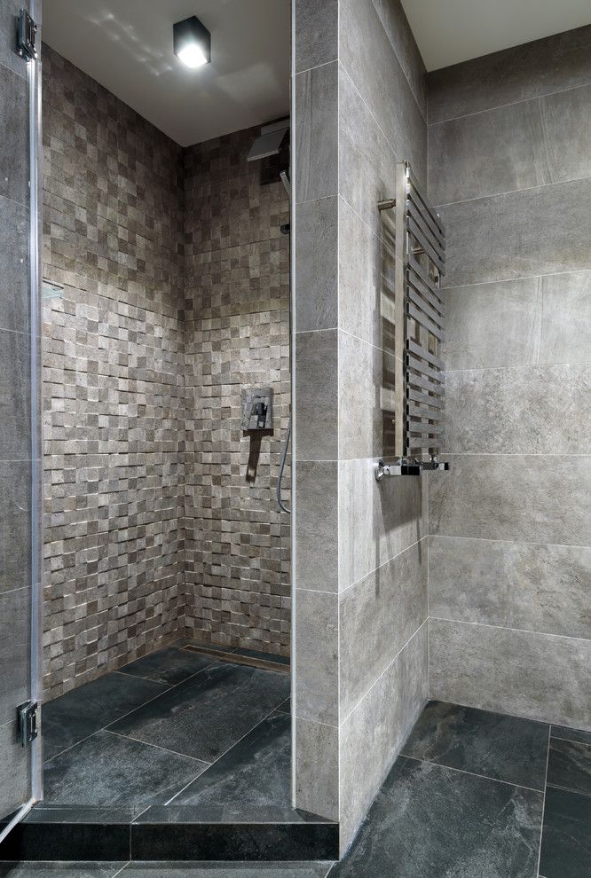 Contemporary shower room bathroom in Moscow with an alcove shower, grey tiles, grey floors and a hinged door.