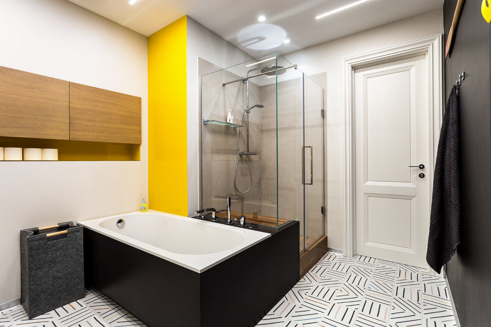 Medium sized contemporary shower room bathroom in Saint Petersburg with open cabinets, black cabinets, a freestanding bath, a corner shower, a wall mounted toilet, beige walls, ceramic flooring, a built-in sink, wooden worktops, multi-coloured floors, a hinged door and beige worktops.