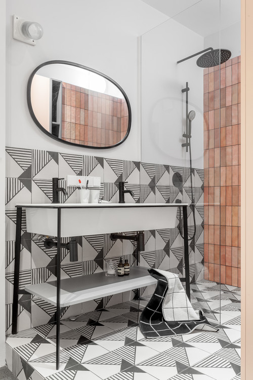 Geometric Harmony: Black and White Patterns with Washstand Focus