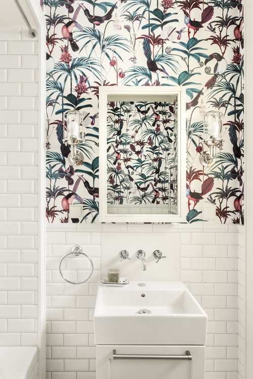 Colorful Harmony: White Subway Tiles Enhancing Bathroom Wallpaper Ideas with Medicine Cabinet