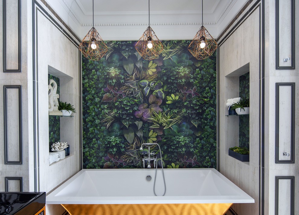 Esempio di una stanza da bagno con doccia eclettica di medie dimensioni con doccia alcova, bidè, piastrelle bianche, pavimento multicolore e porta doccia a battente