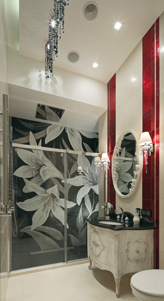 На фото: ванная комната в современном стиле с душем в нише, белой плиткой, красной плиткой и душевой кабиной с
