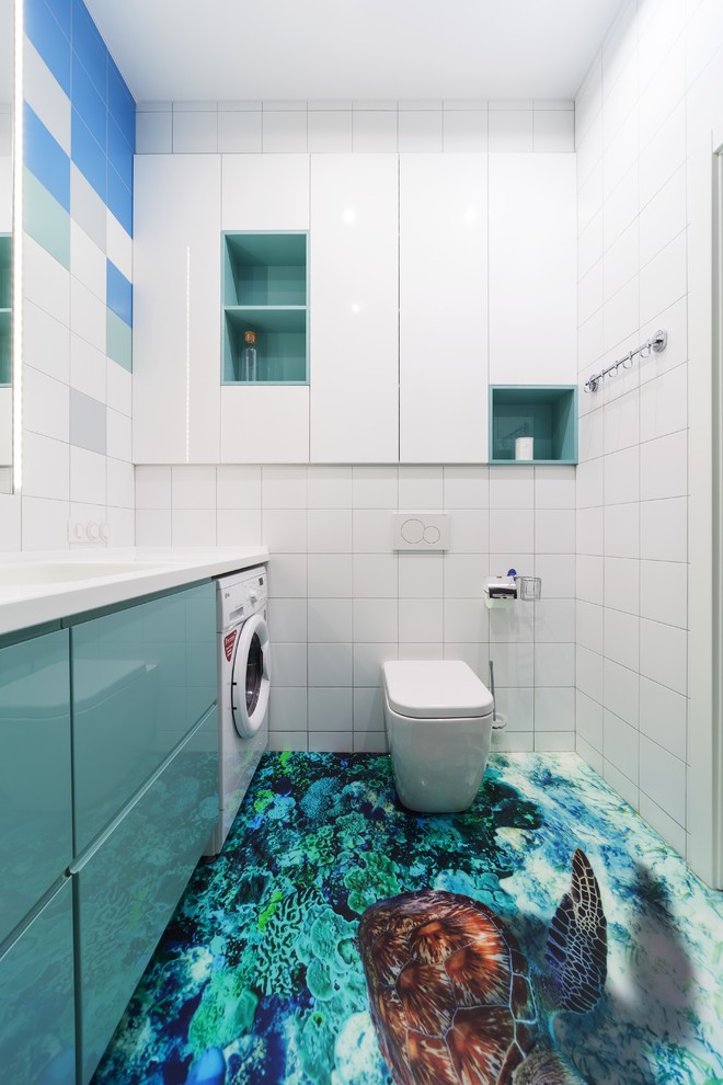Bathroom - mid-sized contemporary white tile bathroom idea in Yekaterinburg with turquoise cabinets and a two-piece toilet