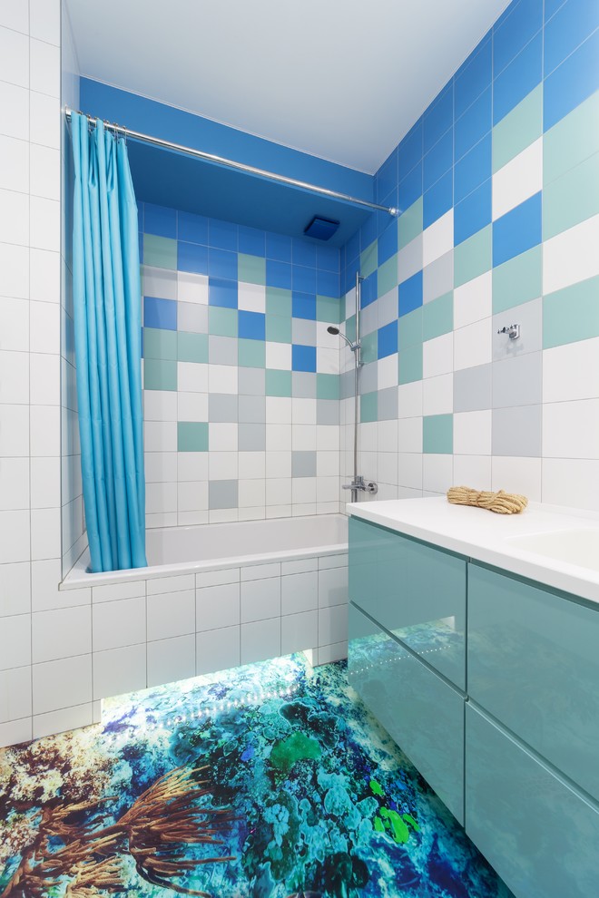 На фото: ванная комната среднего размера в современном стиле с плоскими фасадами, разноцветной плиткой, разноцветными стенами и синим полом