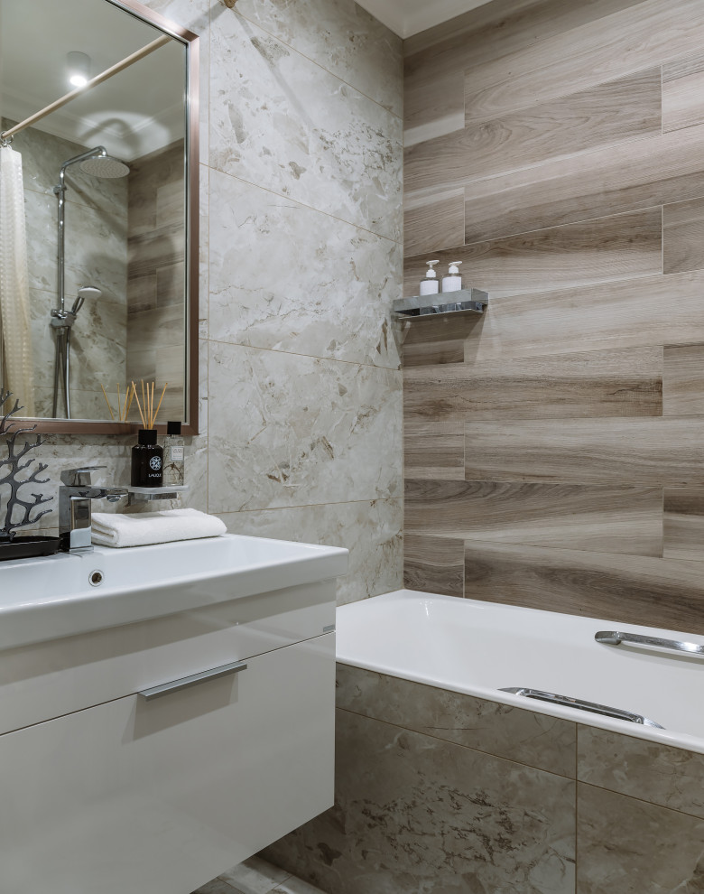 Design ideas for a small traditional shower room bathroom in Moscow with beaded cabinets, white cabinets, a built-in bath, beige tiles, ceramic tiles, beige walls, ceramic flooring, a submerged sink, beige floors, a shower curtain, white worktops, a single sink and a built in vanity unit.