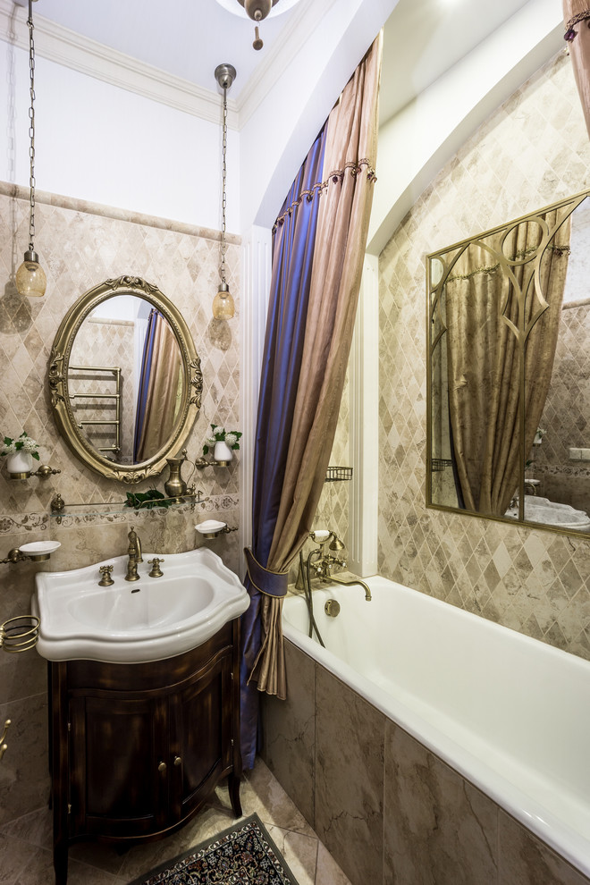 Bathroom - mid-sized traditional master beige tile and porcelain tile ceramic tile and beige floor bathroom idea in Moscow with raised-panel cabinets, dark wood cabinets, white walls and an integrated sink