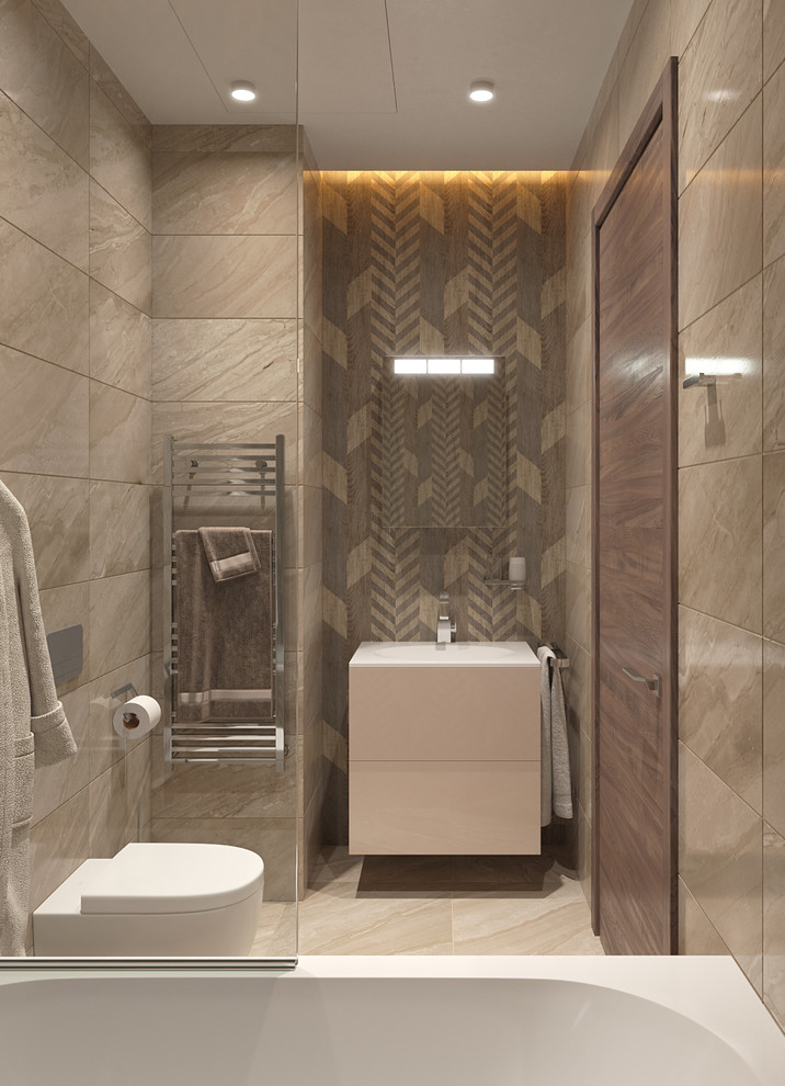 На фото: главная ванная комната среднего размера в современном стиле с ванной в нише, душем над ванной, инсталляцией, бежевой плиткой, мраморной плиткой, бежевыми стенами, мраморным полом и бежевым полом с