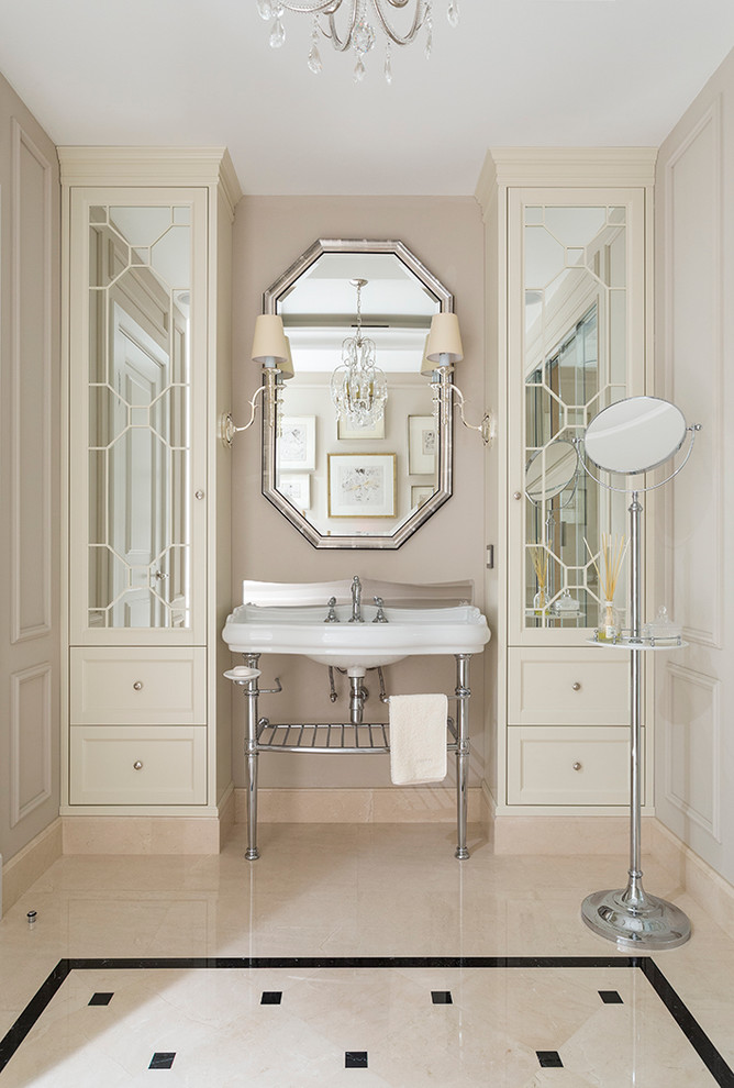 Contemporary bathroom in Saint Petersburg with open cabinets, beige walls and a console sink.