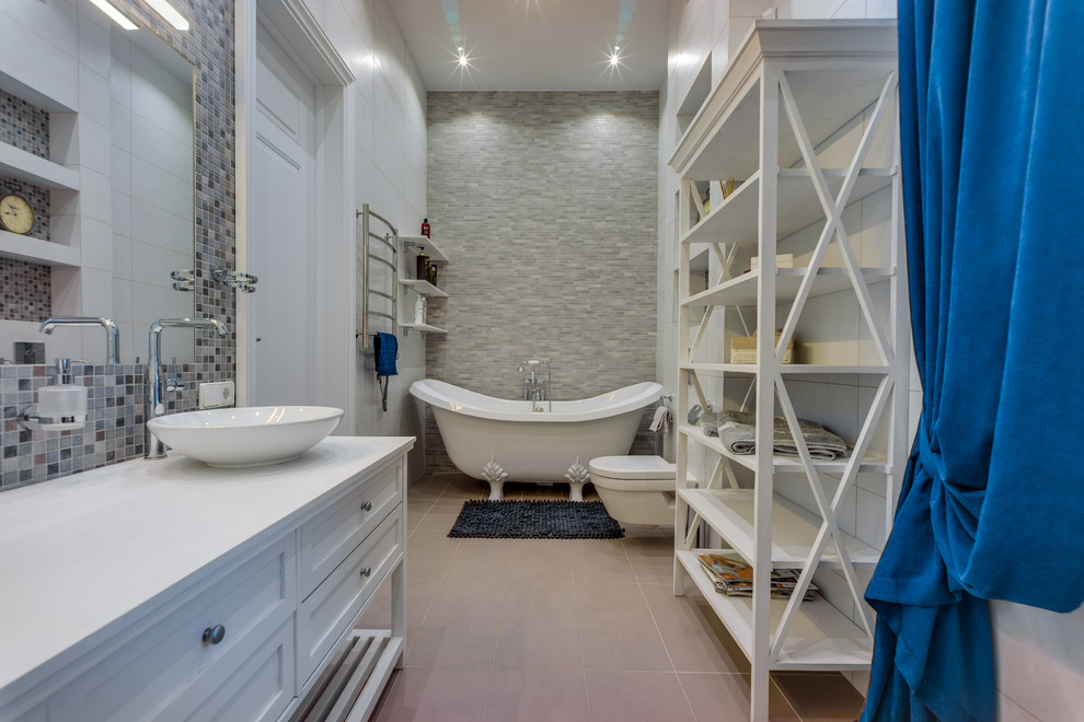 Large contemporary ensuite bathroom in Moscow with white cabinets, a claw-foot bath, a wall mounted toilet, white tiles, grey tiles, a vessel sink, raised-panel cabinets, porcelain tiles, grey walls, porcelain flooring, wooden worktops and grey floors.
