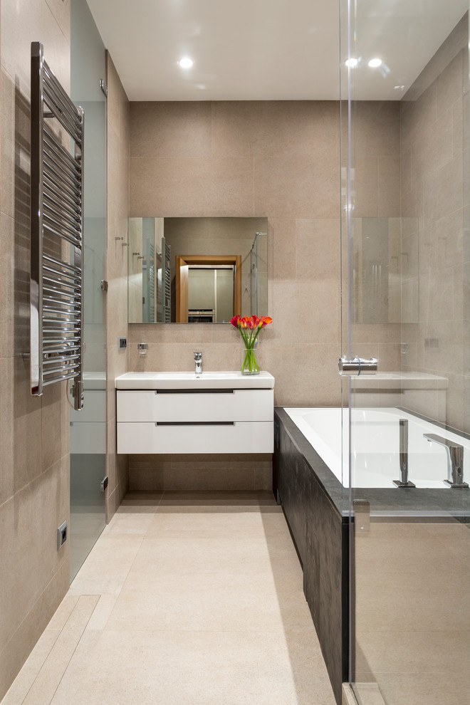 Inspiration for a medium sized contemporary ensuite bathroom in Other with flat-panel cabinets, white cabinets, a corner shower, beige tiles and a built-in bath.