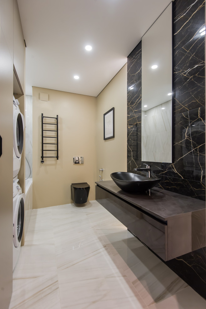 Large trendy 3/4 black tile and porcelain tile porcelain tile, beige floor and single-sink bathroom photo in Moscow with flat-panel cabinets, brown cabinets, a wall-mount toilet, beige walls, a vessel sink, brown countertops and a floating vanity