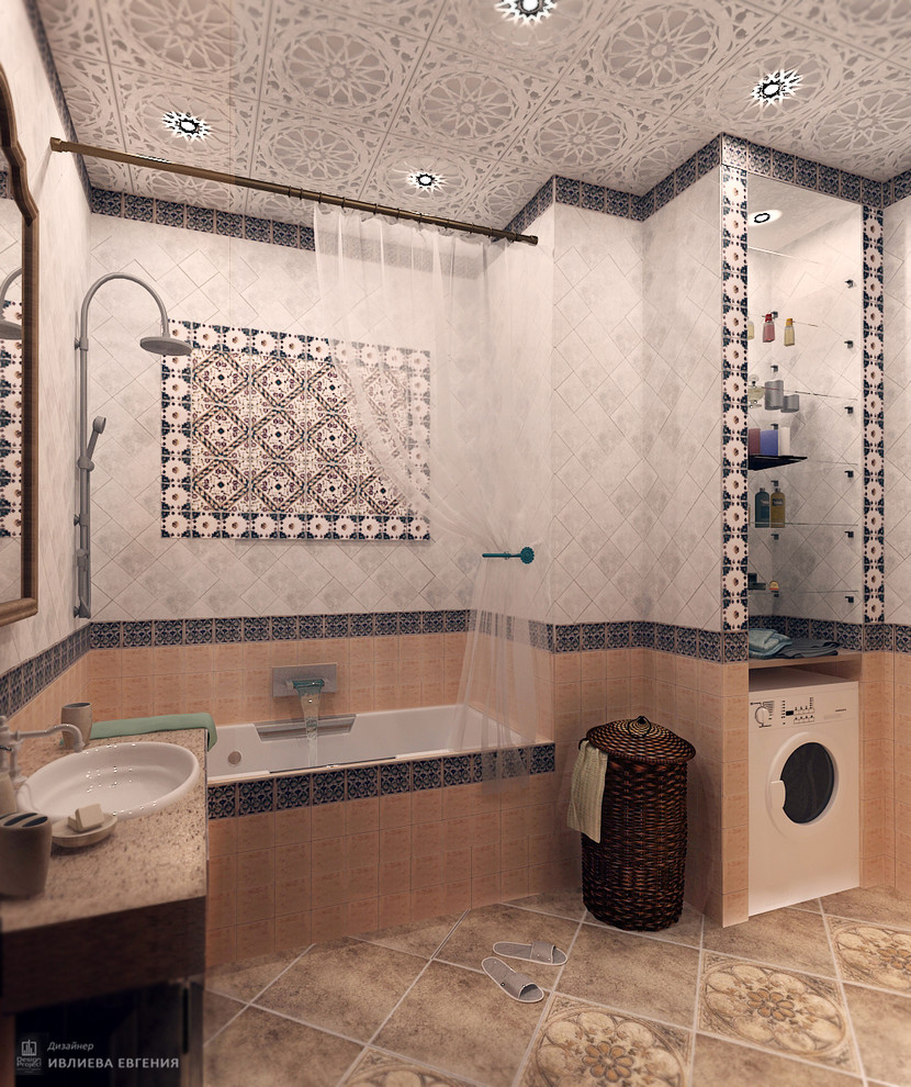 Bild på ett mellanstort medelhavsstil en-suite badrum, med ett undermonterat badkar, en dusch/badkar-kombination, flerfärgad kakel, keramikplattor, flerfärgade väggar, klinkergolv i terrakotta, ett nedsänkt handfat, bänkskiva i akrylsten, beiget golv och dusch med duschdraperi