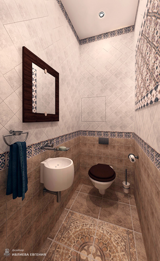 На фото: ванная комната среднего размера в средиземноморском стиле с инсталляцией, разноцветной плиткой, керамической плиткой, разноцветными стенами, полом из терракотовой плитки, подвесной раковиной и коричневым полом