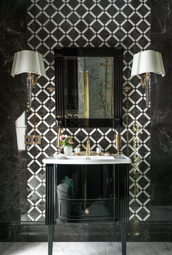 Источник вдохновения для домашнего уюта: ванная комната в стиле неоклассика (современная классика) с плоскими фасадами, черными фасадами, черно-белой плиткой, черной плиткой, монолитной раковиной и белым полом