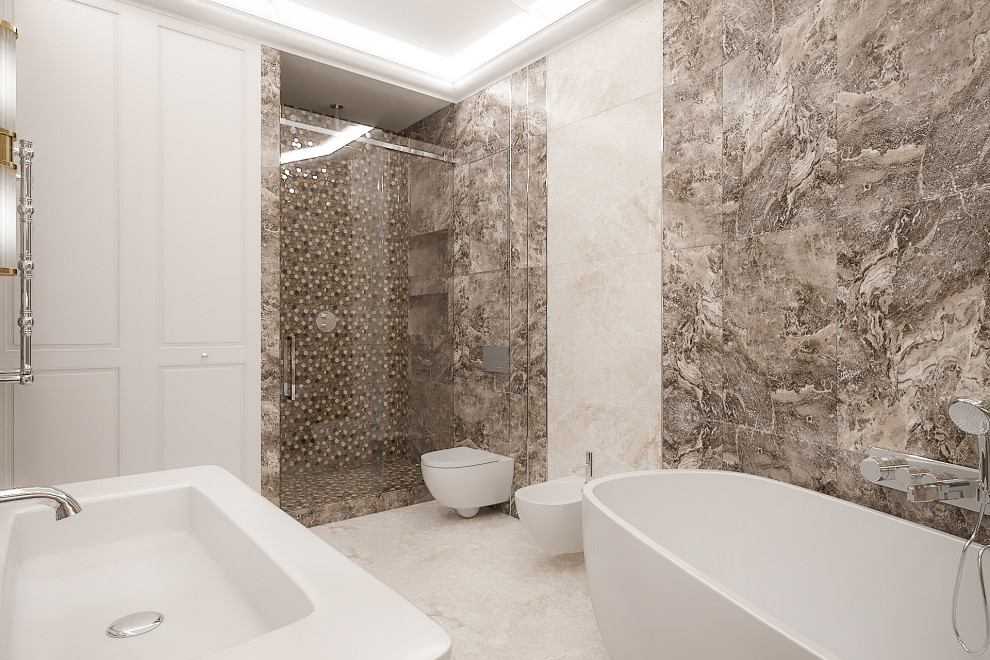 Inspiration för ett mellanstort vintage badrum med dusch, med släta luckor, ett fristående badkar, en dusch/badkar-kombination, en vägghängd toalettstol, flerfärgad kakel, porslinskakel, bruna väggar, klinkergolv i porslin, ett integrerad handfat, flerfärgat golv och med dusch som är öppen