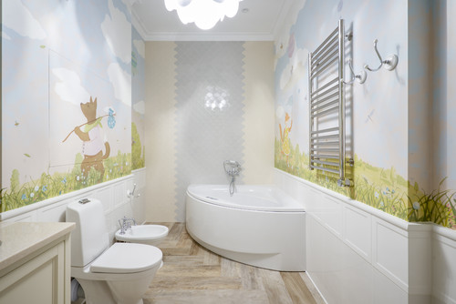 Custom hand painted bathroom walls with teddy bear design.