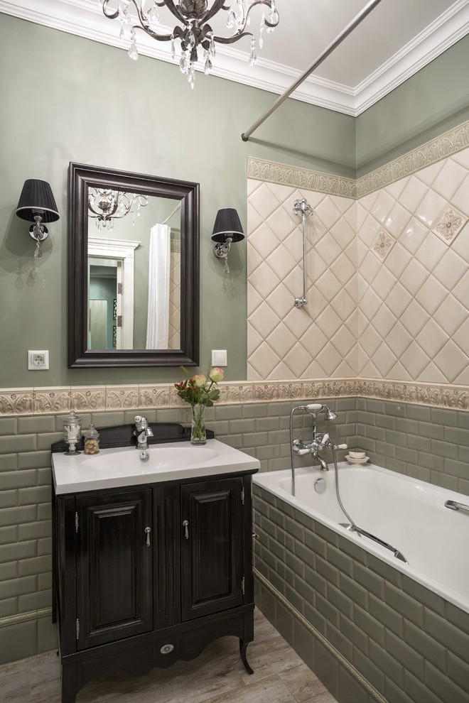 Inspiration for a small classic ensuite bathroom in Moscow with black cabinets, an alcove bath, beige tiles, green tiles, metro tiles, an integrated sink, beige floors and a shower curtain.