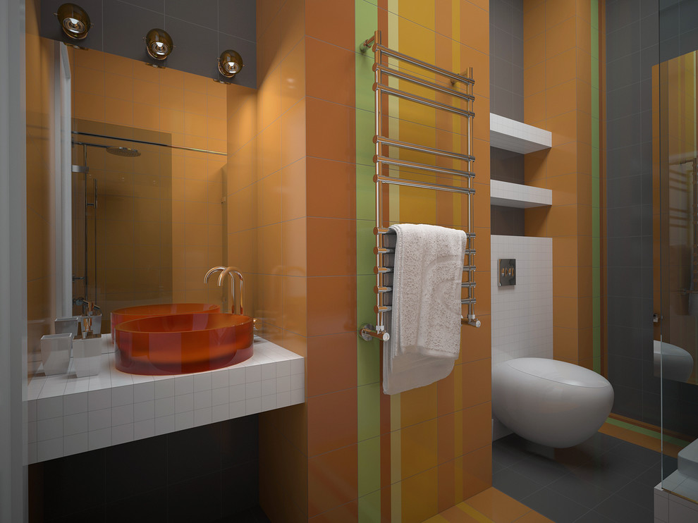 Источник вдохновения для домашнего уюта: главная ванная комната среднего размера в современном стиле с накладной ванной, открытым душем, инсталляцией, оранжевой плиткой, керамической плиткой, разноцветными стенами, полом из керамогранита и настольной раковиной