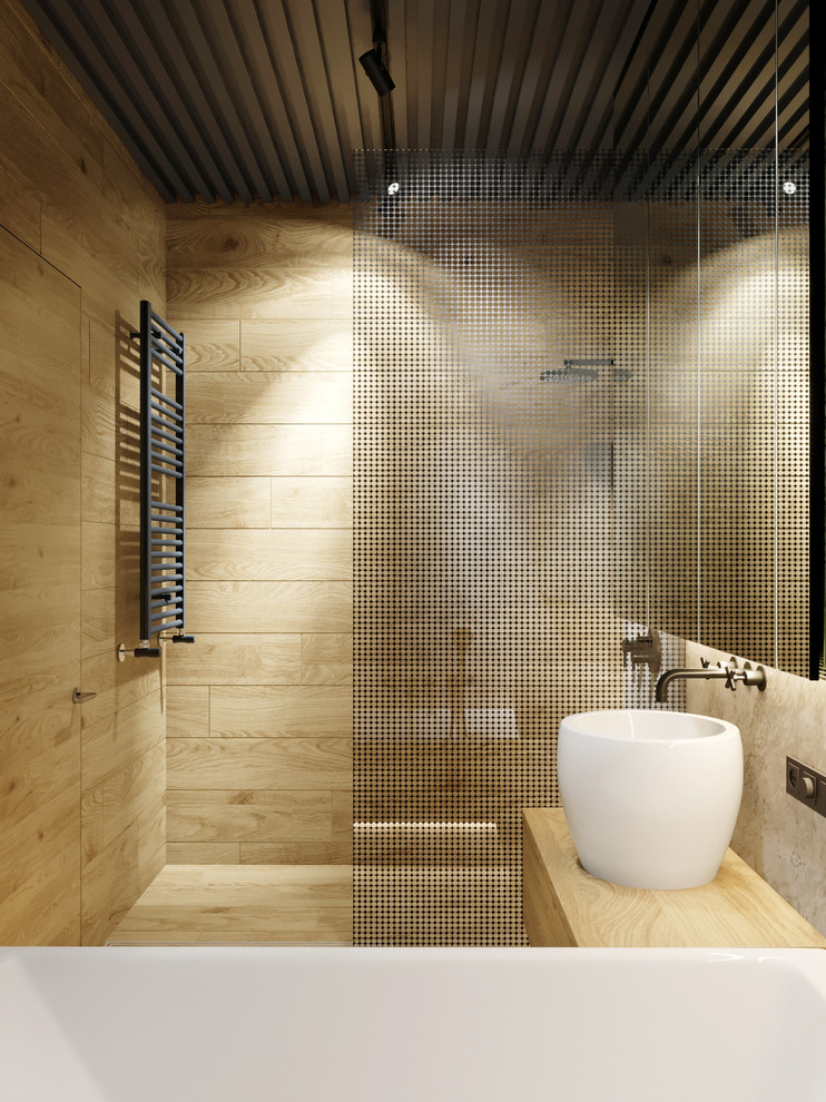 This is an example of a medium sized contemporary shower room bathroom in Valencia with flat-panel cabinets, beige cabinets, a submerged bath, a built-in shower, grey tiles, porcelain tiles, grey walls, porcelain flooring, a built-in sink, wooden worktops, grey floors, a shower curtain and beige worktops.