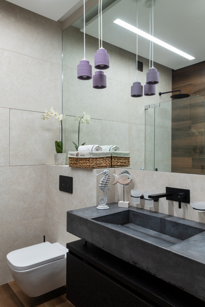 Ispirazione per una stanza da bagno minimal di medie dimensioni con ante lisce, ante nere, lavabo rettangolare, pavimento marrone e top grigio