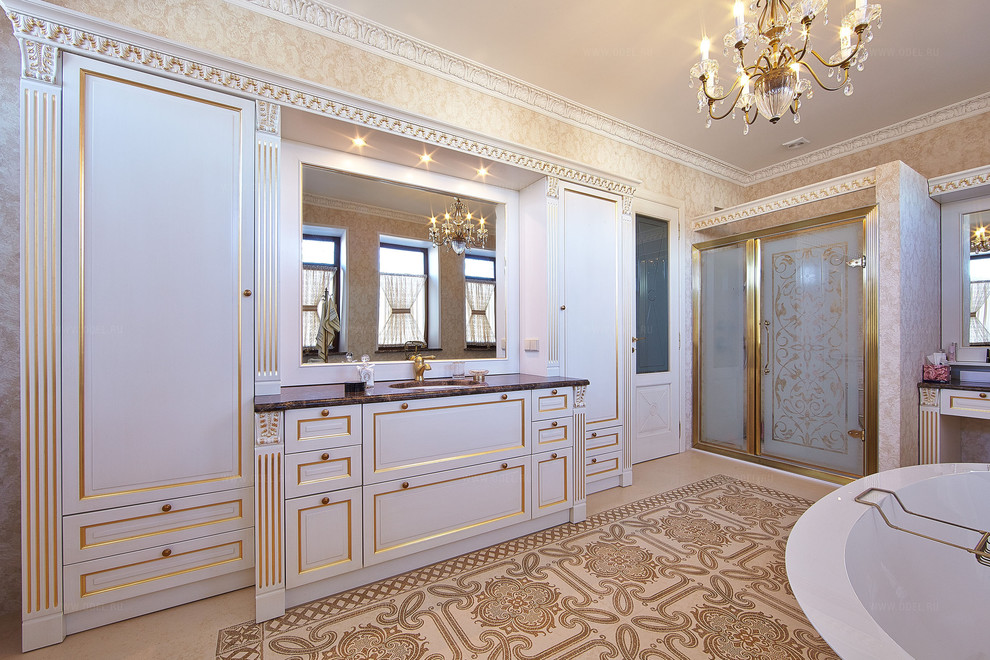 Example of a large classic master beige tile and porcelain tile ceramic tile bathroom design in Moscow with beige walls, marble countertops, raised-panel cabinets, white cabinets and an undermount sink