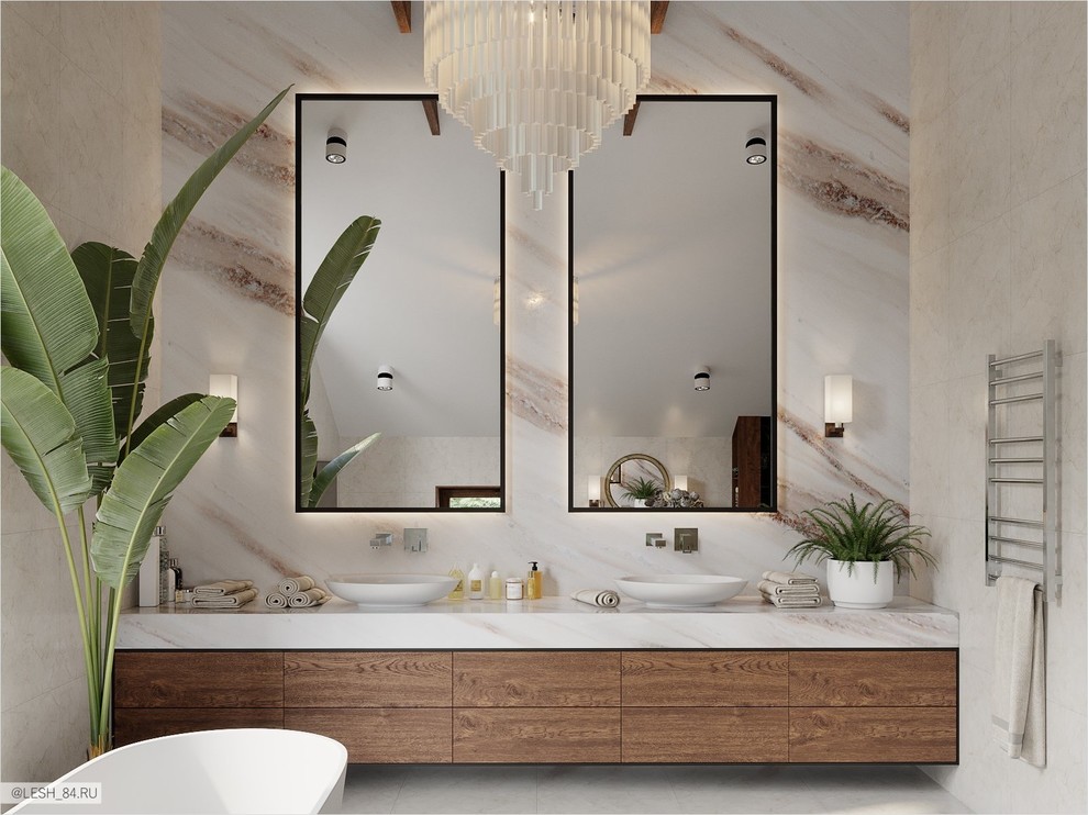 Foto på ett stort funkis beige badrum, med släta luckor, skåp i mellenmörkt trä, grå kakel, marmorkakel, grå väggar, klinkergolv i porslin, ett nedsänkt handfat, marmorbänkskiva och vitt golv