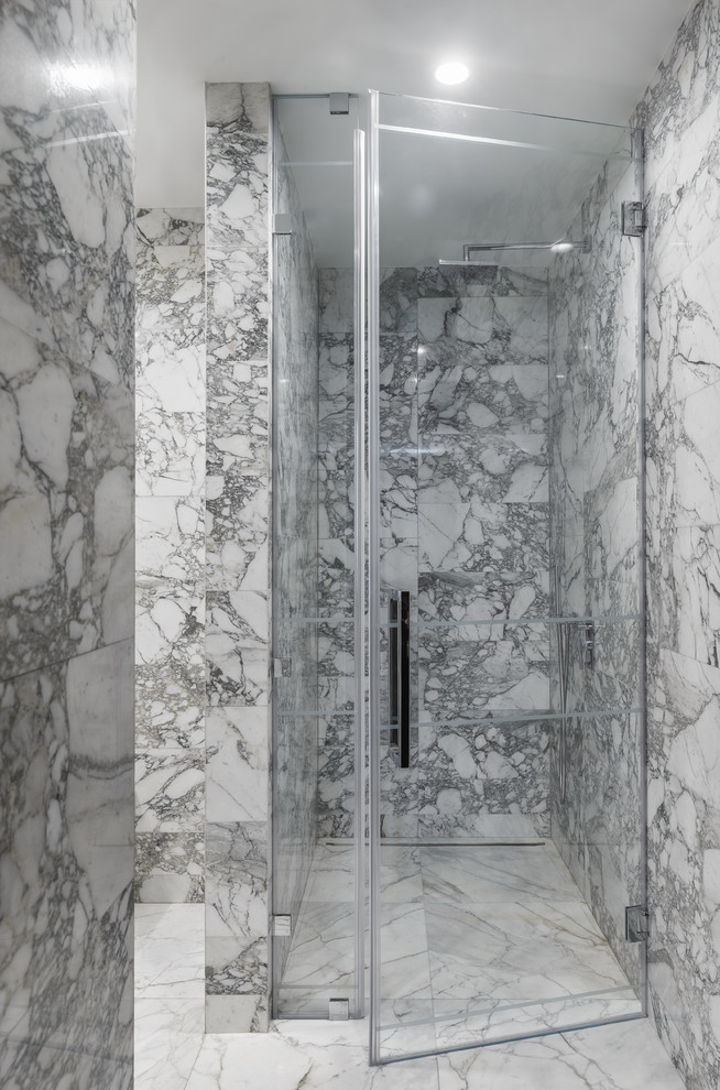 Foto de cuarto de baño contemporáneo con aseo y ducha y ducha con puerta con bisagras