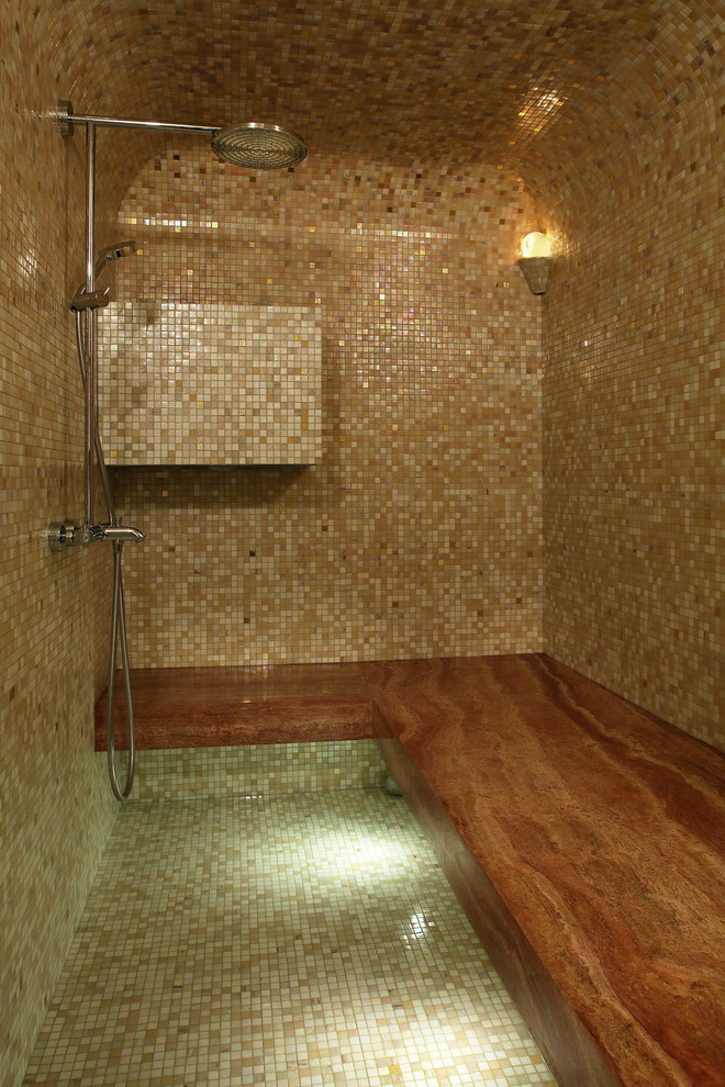 Свежая идея для дизайна: ванная комната среднего размера в стиле неоклассика (современная классика) с плоскими фасадами, черными фасадами, угловой ванной, душем в нише, инсталляцией, желтой плиткой, керамической плиткой, желтыми стенами, полом из мозаичной плитки, душевой кабиной, врезной раковиной, столешницей из искусственного камня, желтым полом, душем с распашными дверями и белой столешницей - отличное фото интерьера