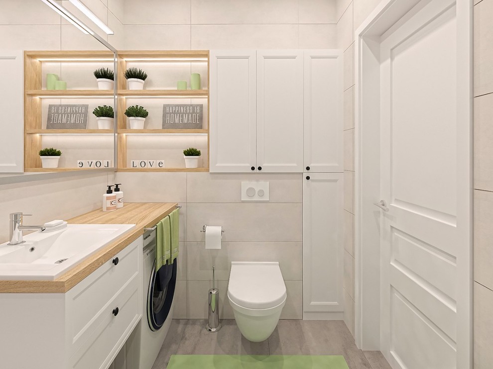 Источник вдохновения для домашнего уюта: ванная комната в скандинавском стиле с белыми фасадами и бежевой плиткой