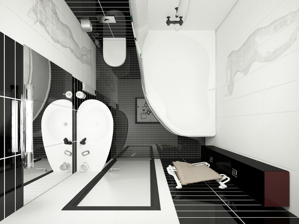 На фото: маленькая ванная комната в современном стиле с плоскими фасадами, черными фасадами, инсталляцией, белой плиткой, керамической плиткой, полом из керамогранита, монолитной раковиной и черными стенами для на участке и в саду с