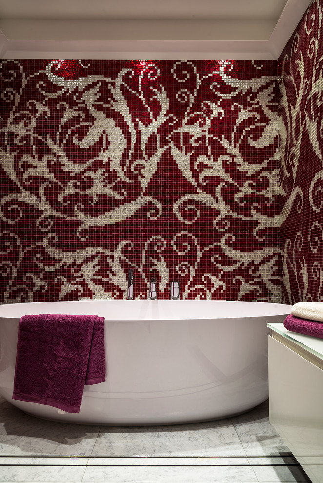 Inspiration for a contemporary red tile and mosaic tile bathroom remodel in Moscow