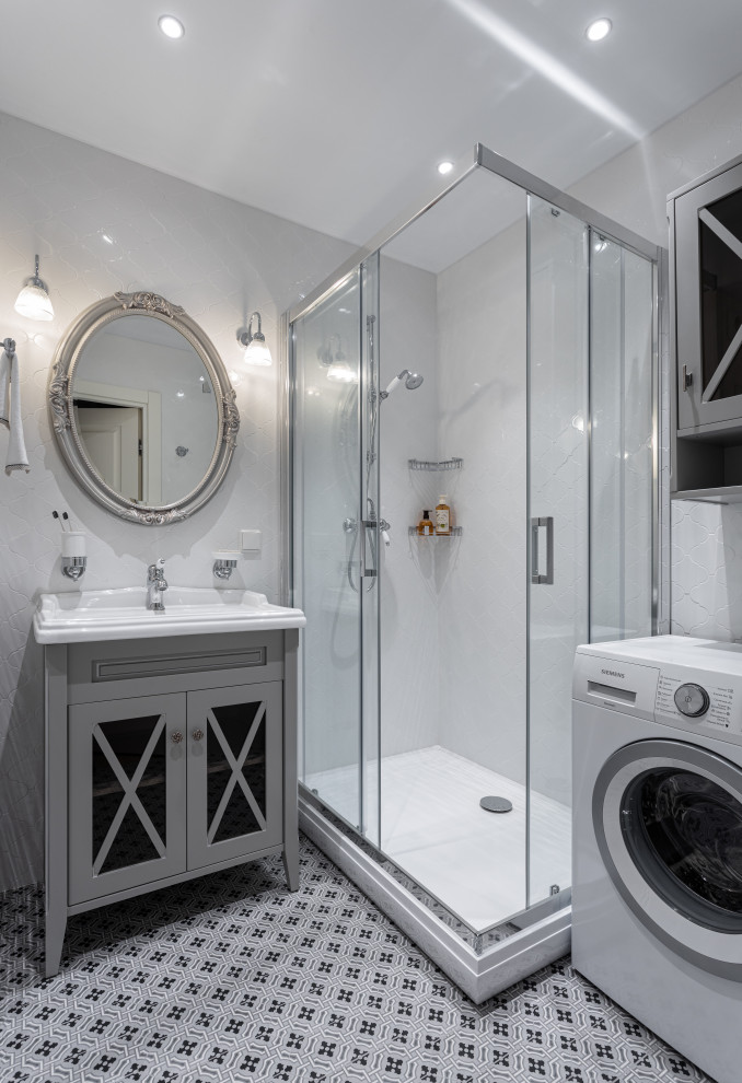 Design ideas for a small traditional shower room bathroom in Moscow with glass-front cabinets, grey cabinets, a corner shower, white tiles, ceramic tiles, ceramic flooring, grey floors, a sliding door and a console sink.