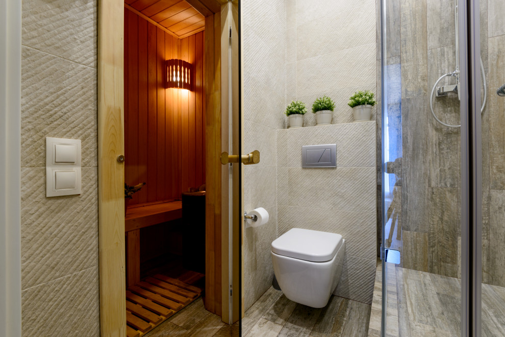Идея дизайна: маленькая ванная комната в стиле неоклассика (современная классика) для на участке и в саду