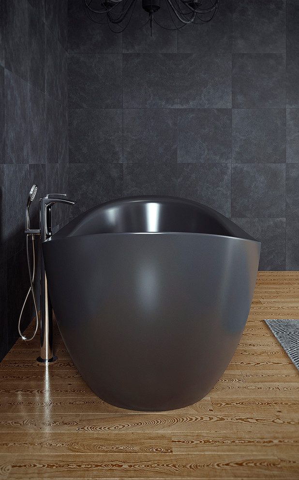 Ispirazione per una grande stanza da bagno padronale contemporanea con vasca freestanding e piastrelle grigie