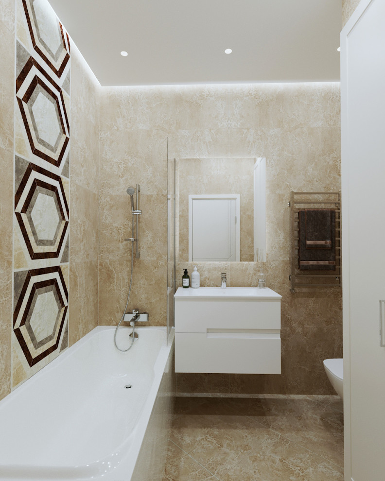 Idéer för att renovera ett mellanstort funkis beige beige badrum med dusch, med släta luckor, vita skåp, ett badkar i en alkov, en dusch/badkar-kombination, beige kakel, ett integrerad handfat och beiget golv