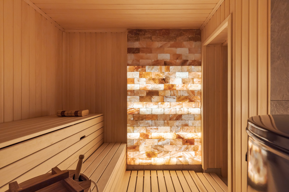 This is an example of a medium sized country sauna bathroom in Saint Petersburg with open cabinets, brown cabinets, a built-in shower, beige tiles, porcelain tiles, beige walls, porcelain flooring, glass worktops, beige floors, an open shower and white worktops.