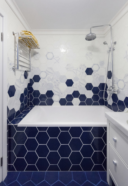 Hexagon Harmony: Blue Bathroom Ideas with Multicolored Hexagon Tiles