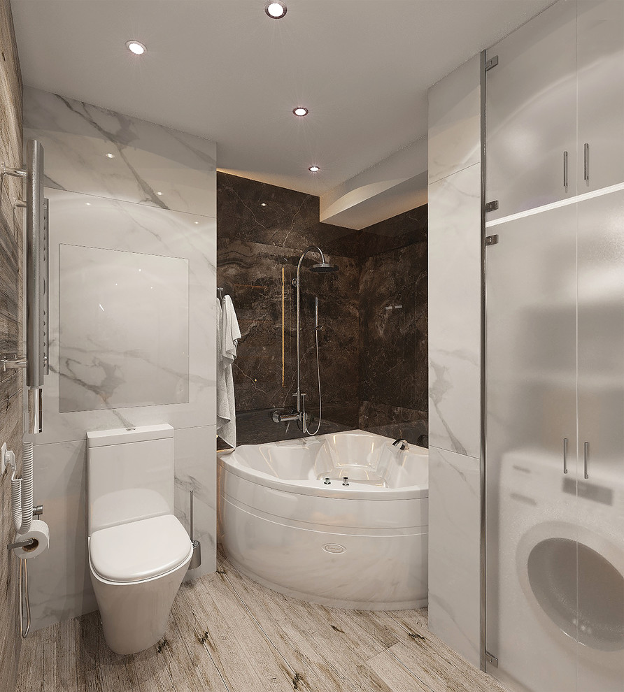 Пример оригинального дизайна: главная ванная комната среднего размера в стиле лофт с стеклянными фасадами, белыми фасадами, угловой ванной, душем над ванной, полом из керамогранита, подвесной раковиной, мраморной столешницей, открытым душем, раздельным унитазом, разноцветной плиткой, мраморной плиткой, разноцветными стенами, серым полом и белой столешницей