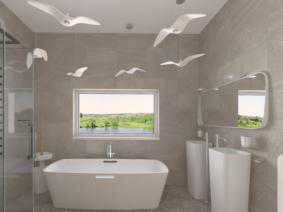 Пример оригинального дизайна: ванная комната в современном стиле с отдельно стоящей ванной, угловым душем и полом из керамогранита