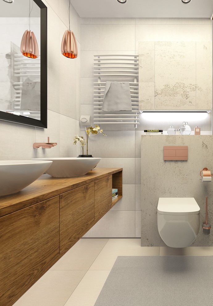 This is an example of a medium sized contemporary bathroom in Saint Petersburg with flat-panel cabinets, brown cabinets, a wall mounted toilet, beige tiles, porcelain tiles, beige walls, porcelain flooring, a vessel sink, wooden worktops, beige floors and a hinged door.
