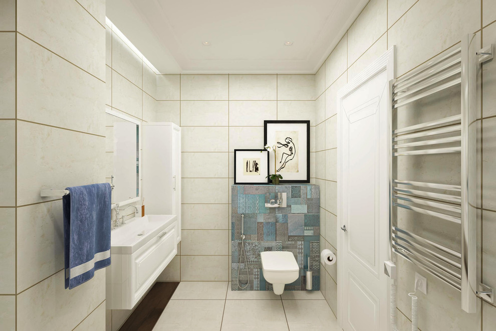 Идея дизайна: ванная комната среднего размера в стиле неоклассика (современная классика) с гигиеническим душем