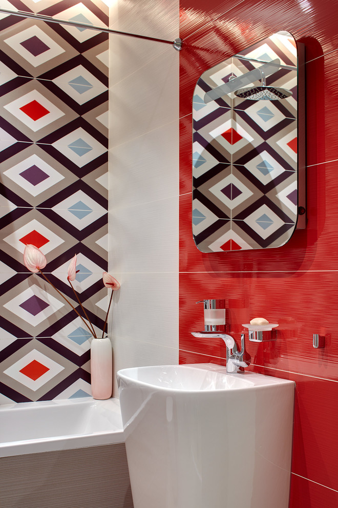 Inspiration for a large contemporary family bathroom in Moscow with an alcove bath, a shower/bath combination, red tiles, multi-coloured tiles and a pedestal sink.