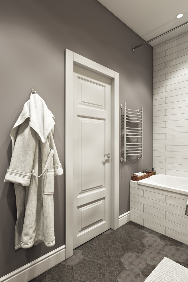 Idée de décoration pour une salle de bain principale nordique en bois clair de taille moyenne avec un placard à porte plane, une baignoire encastrée, un combiné douche/baignoire, un carrelage blanc, des carreaux de céramique, un mur gris, un sol en carrelage de porcelaine, un lavabo suspendu, un plan de toilette en surface solide, un sol gris, une cabine de douche avec un rideau et un plan de toilette blanc.