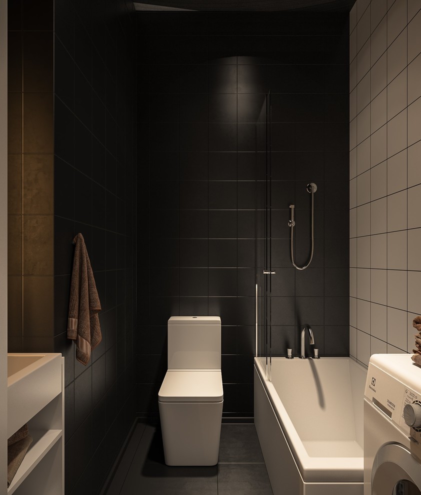 Idee per una piccola stanza da bagno padronale design con WC sospeso, pareti nere e lavabo a colonna