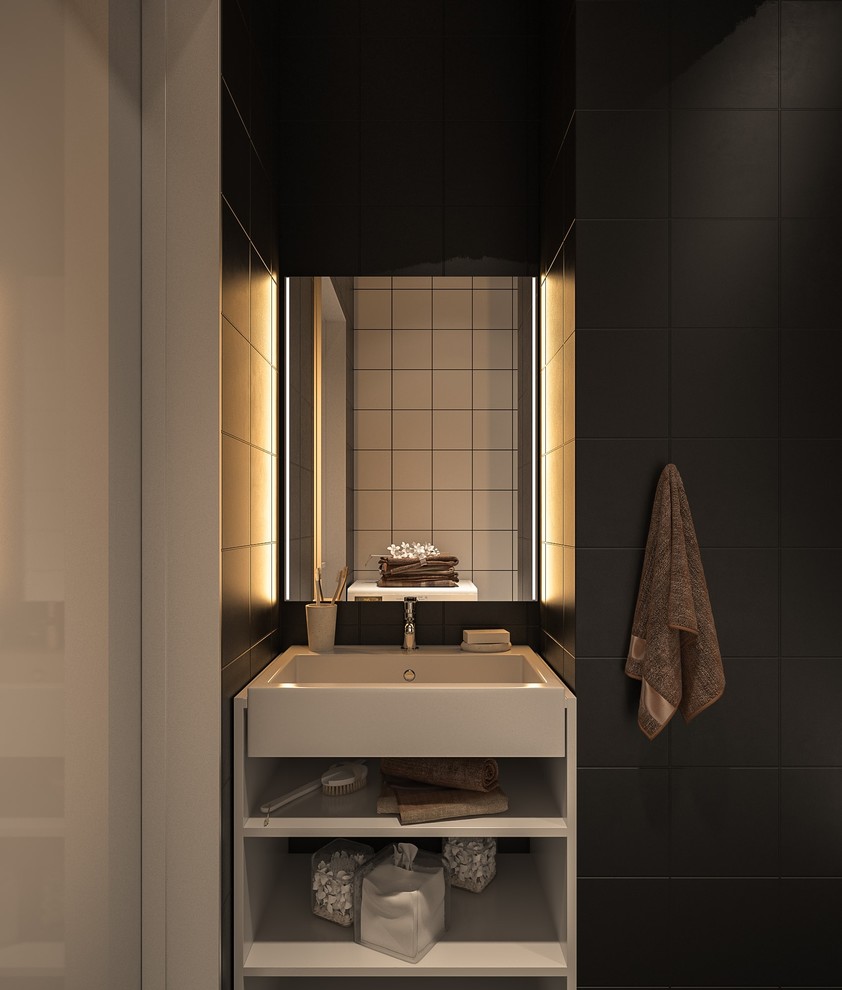 Источник вдохновения для домашнего уюта: маленькая главная ванная комната в современном стиле с инсталляцией, черными стенами и раковиной с пьедесталом для на участке и в саду