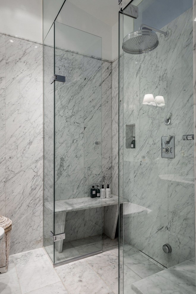 Example of a large transitional 3/4 bathroom design in Saint Petersburg with gray walls