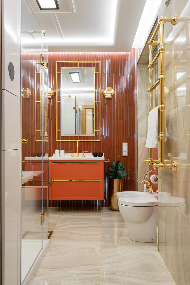 Traditional ensuite bathroom in Other with orange tiles, porcelain tiles, porcelain flooring, beige floors, flat-panel cabinets and orange cabinets.