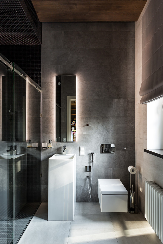Inspiration for a medium sized contemporary shower room bathroom in Moscow with open cabinets, brown cabinets, a freestanding bath, a built-in shower, a two-piece toilet, ceramic tiles, beige walls, porcelain flooring, a built-in sink, wooden worktops, grey floors, a hinged door, brown worktops and grey tiles.