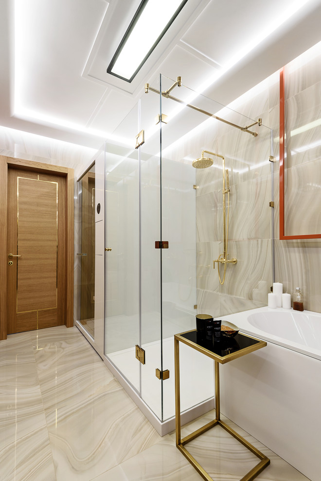 Idee per una stanza da bagno padronale design con piastrelle beige, piastrelle in gres porcellanato, pavimento in gres porcellanato e pavimento beige