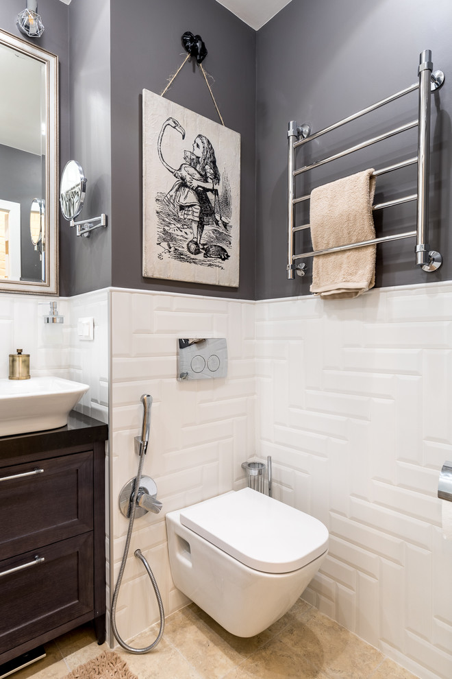 Example of a small transitional master white tile and subway tile ceramic tile and beige floor bathroom design in Moscow with recessed-panel cabinets, dark wood cabinets, a wall-mount toilet, gray walls, a vessel sink and solid surface countertops